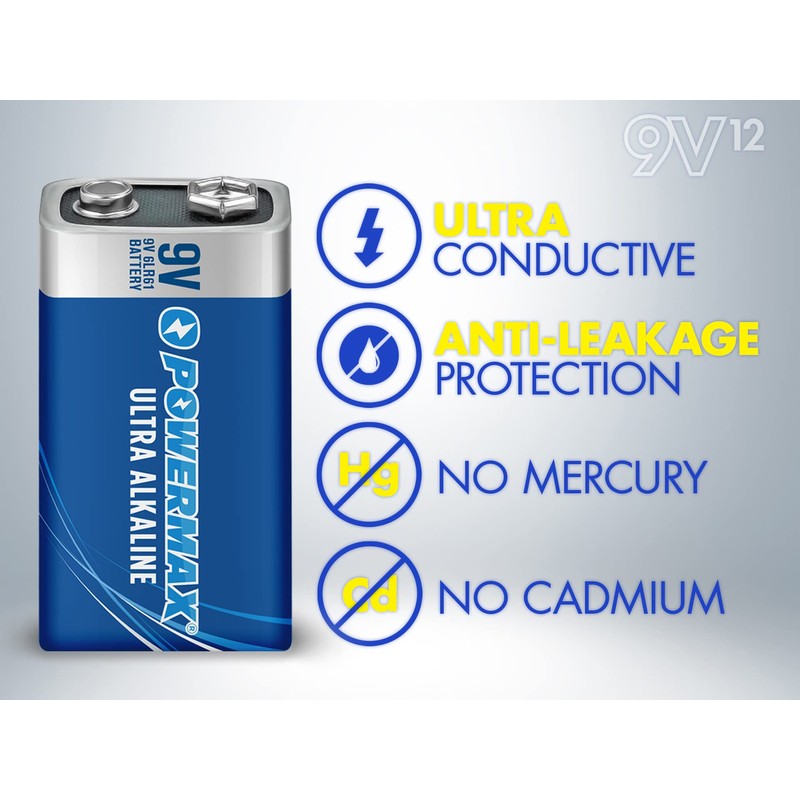 Powermax 12-Count 9V Batteries, Ultra Long Lasting Alkaline Battery, 7-Year