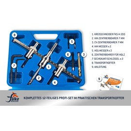 Falke FKS-H circle cutter, adjustable hole saw, universal cutter for wood, plastic, plasterboard and more, freely adjustable diameter