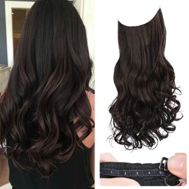 REECHO Invisible Wire Hair Extensions with Transparent Headband Adjustable Size Removable Secure Clips in Curly Wavy Secret Hairpiece for Women 20 Inch - Darkest Brown with Reddish Tone