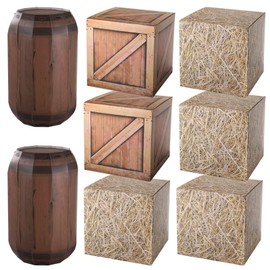 8 Pcs Western Cowboy Party Decorations, Rustic Cardboard Boxes for Photography, Hay Bales & Wood Grain & Wine Barrel Boxes, Farmyard Props for Themed Parties and Photoshoots