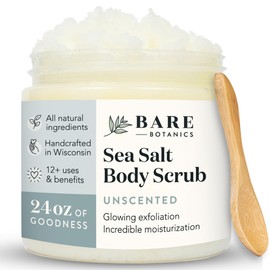 Bare Botanics Unscented Body Scrub 24oz | Made in Madison, WI | All Natural Sea Salt Exfoliator w/Skin Loving Moisturizers | Vegan & Cruelty Free | Gift Ready Packaging w/a Cute Wooden Spoon