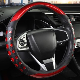 QCYP PU Leather Car Steering Wheel Cover with Anti-Slip Grip, for Women and Men, Universal Fit for 14.5-15 Inch Cars, Trucks, SUVs (Red (Round), Medium(Standard) Size[14 1/2''-15''])
