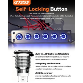 IZTOSS 6 Gang Aluminum Marine Rocker Switch Panel - Pre-Wired with Blue LED Indicator, 12-24 V Multi-Function Rocker Switch - Ideal for Marine motorhomes, Yachts