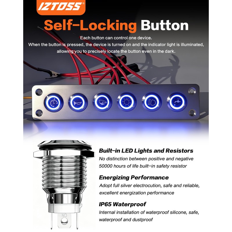 IZTOSS 6 Gang Aluminum Marine Rocker Switch Panel - Pre-Wired