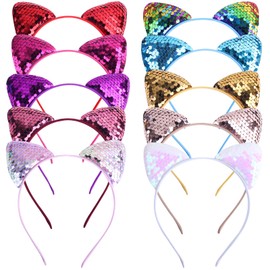 EUDUQ Cat Ears Headband Set, 10 Pieces Glitter Cat Hair Hoops Metal Cat Ears Headband Sequins Cat Ears Headbands Girls Hair Accessories for Birthday Party Cosplay