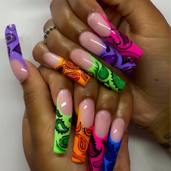 MERVF Long Square Press on Nails Colorful French Tip Fake