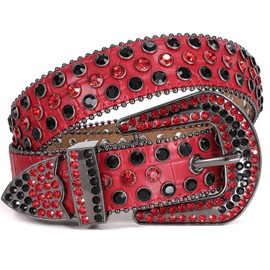 LEACOOLKEY Women's Men's Fashion Rhinestone Belt, Western Cowgirl Rivets Punk PU Leather Belt for Jeans, T-red