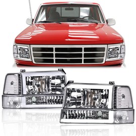 PIT66 LED BAR Headlight Aassembly, Compatible with 1992-1996 Ford F150/F250/F350 Bronco Headlamps w/Corner Signal Bumper Lamps Clear Lens Chrome Housing Clear Reflector