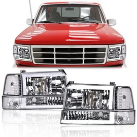 PIT66 LED BAR Headlight Aassembly, Compatible with 1992-1996 Ford F150/F250/F350 Bronco Headlamps w/Corner Signal Bumper Lamps Clear Lens Chrome Housing Clear Reflector