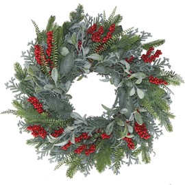24” Green Faux Pine Christmas Wreath with Red Berry– Mixed with Fake Norfolk Cypress, Cedar & Lamb Ear, Xmas Winter Wreaths for Front Door Porch Mantel & Fireplace