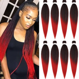 Pre Stretched Braiding Hair Extensions 30inch 8packs Mixed Color Professional Braids Hair Soft Yaki Straight Braid Hair Hot Water Setting Synthetic Crochet Hair (30inch,Mixed Black & Red)