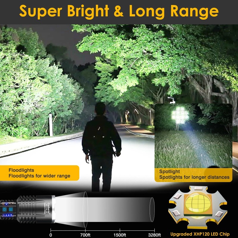 Garberiel Super Bright 90000000LM XHP120 LED Flashlight Rechargeable Powerful Stroll