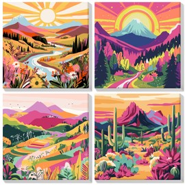 BOWETILE 4 Pack Landscape Paint by Numbers Adult Kit Beginner, Adult Paint by Number Kits on Canvas with Frame, Landscape Peinture a Numero Adulte, DIY Acrylic Oil Painting Adult Craft Kits, 8x8in