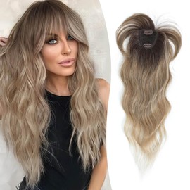 Clip in Fringe 360°Cover Fringe Clip in Hair Synthetic Wavy Brown Blonde Hair Clip in Bangs with Long Layered Fringe Clip in Hair Extension Curved Hair Pieces for Women (Brown Blonde with Dark Root)