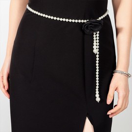 CIWEAI White Pearl Beaded Flowers Belts for Women Fashion Black Camellia Pearl Waist Chain Sweet Aesthetic Wedding Dress Belt Ladies Jewelry Statement Gifts (Black)