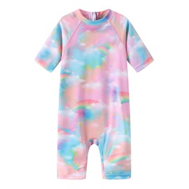 Baby Girls Rash Guard Swimsuits for Toddler Girls Sunsuits Short Sleeve One Piece Bathing Suits Beach Swimwear Cloud Rainbow Pink 12 Months