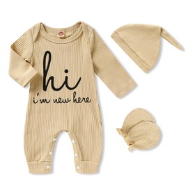 GRNSHTS Newborn Baby Boy Romper Coming Home Outfits Letter Print Knitted Jumpsuit+Hat+Gloves 3PCS Clothes Set (Apricot, 1-3 Months)