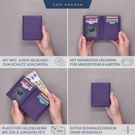 VON HEESEN® Men's Leather Wallet with Coin Compartment and RFID Protection, Genuine Leather Wallet for Men and Women, Wallet, Violet, Without coin compartment, Without coin compartment