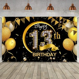 Costume Bay Black Gold Happy Birthday Backdrop Banner 180 * 110 cm Large Background Cloth Photo Party Large Decoration Sign for Birthday Party (Black - 13th, ONE)