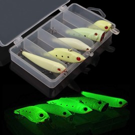 Glow Fishing Lures Bait Kit Luminous VIB Popper Crank Minnow Pencil Hard Bait with Treble Hook Night Fishing Bait Tackle Box（5pcs/box)