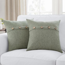 Meekio Set of 2 Dark Sage Square Pillow Covers 18 x 18 Farmhouse Pillow Covers with Coconut Buttons for Sofa Couch Living Room Bedroom
