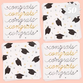 xo, Fetti Congrats Foil Graduation Napkins - 3-ply, 50 pcs | White Cocktail Napkins, Grad Dinner Party Setting, College Commencement Decoration, Celebration Tablescape