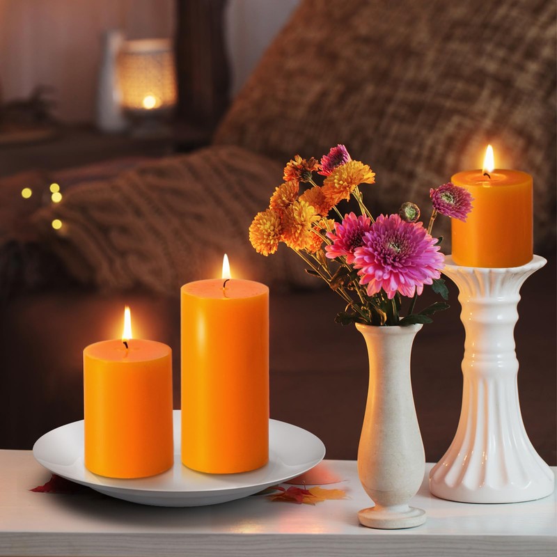 KONNI Orange Pillar Candles Set of 3, 3"x 4" Unscented