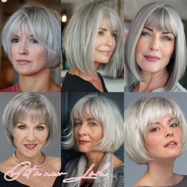 Civrie Hair Toppers for Women with Bangs Short Bob Synthetic Hair Pieces for Thinning Hair Side Part Hair Toppers for Women Grey Mixed