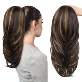 SEIKEA Versatile Drawstring Ponytail Extension, 18" Long Wavy Multi Layered Clip in Ponytail Hair Extensions Stand Up High Fake Pony Tail Soft Natural Synthetic Hairpiece Chocolate Brown/Blonde