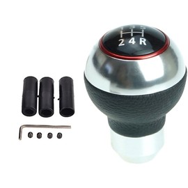 Universal Gear Knob Round Chrome Look Red Ring - Black with 3 Adapters - 5 Speed