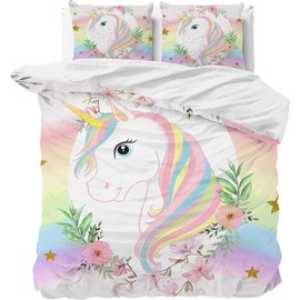 MUSOLEI Unicorn Bedding Kids Duvet Cover Sets Double Rainbow Star Bedding Set for Boys Girls Pink Flower 200x200cm Zipper Quilt Bed Cover and 50x75cm Pillowcase Watercolor Soft Multi-Colour Gift