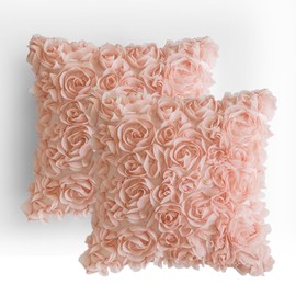 MIULEE 3D Rose Flower Pillow Cover Pack of 2 Decorative Valentines Romantic Stereo Chiffon Spring Aesthetic Solid Pillowcase for Girl Women Girlfriend Couch Bedroom Decor 16x16 Inch Peach Pink