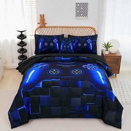 PERFEMET Twin Size Bed in A Bag 6 Pieces Gaming Bedding Set for Boys Blue Gamer Comforter with Sheet Set for Kids Teen Cool Video Game Black Quilt Bedding Set(Blue, Twin)