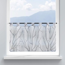 HongYa Kitchen Curtain, Voile, Bistro Curtain with Loops, Transparent Curtain for Small Windows, Branches Pattern