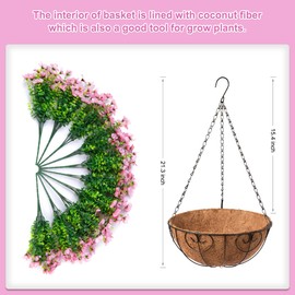 Ammyoo Artificial Flowers Hanging Basket for Outdoor Indoor Spring Summer Decor,Fake Silk Colorful Daisy Eucalyptus in 12" Metal Coconut Lining Flowerpot Arrangement for Home Patio Yard Decor(Pink)