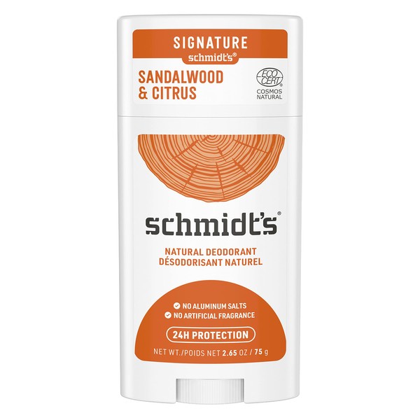 Schmidt's Aluminum Free Natural Deodorant for Women and Men, Sandalwood and Citrus with 24 Hour Odor Protection, Certified Natural, Vegan, Cruelty Free, 2.65 oz