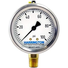 Harrington 52894973 2-1/2" Liquid Filled Pressure Gauge 0/100 psi 304 Stainless Steel with Vented Fill Plug 1/4" NPT Bottom Mount Industrial Grade A +/- 2/1/2% Accuracy ASME B40.100 Model 213.53