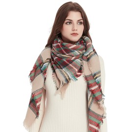 VIVIAN & VINCENT Women's Fall Winter Scarf Classic Tassel Plaid Tartan Scarf Warm Soft Chunky Large Blanket Wrap Shawl Scarves Christmas Red Green Beige