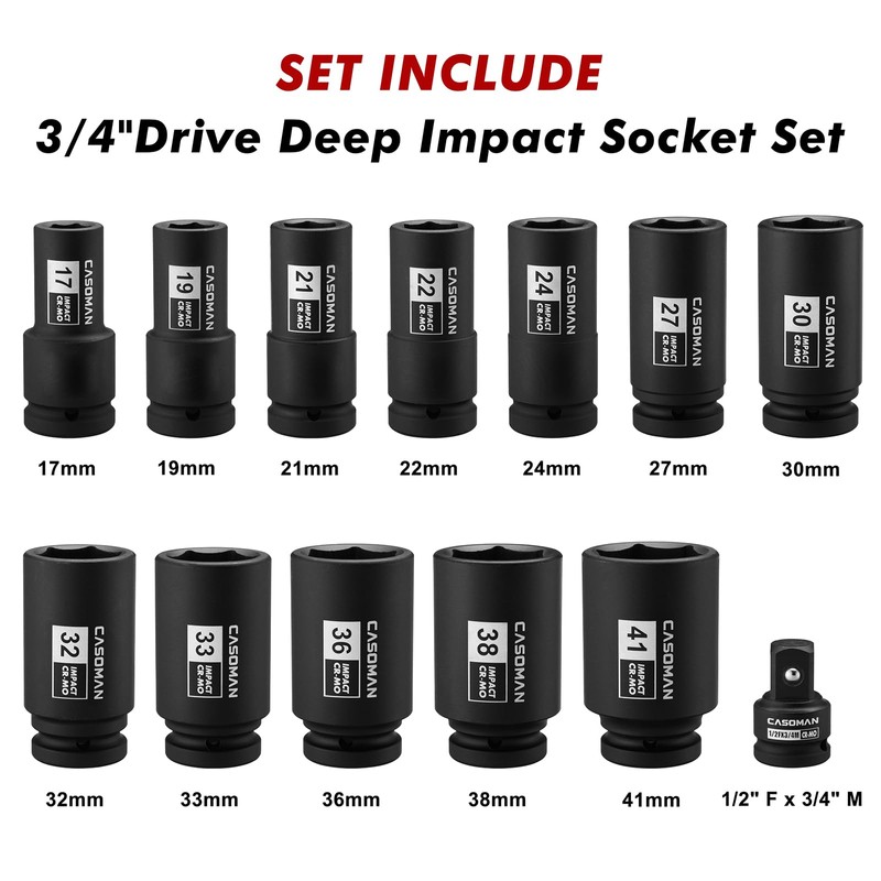 CASOMAN 3/4" Drive Deep Impact Socket Set, 13Piece Jumbo Socket