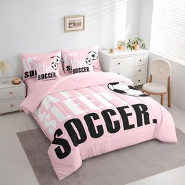 Feelyou Soccer Ball Comforter Set with Sheets Twin Size Pink Football 7 Pieces Bedding Set for Kids Boys Girls Teens Sports Ball Game Bed in a Bag Gift for Football Lover Bed Set
