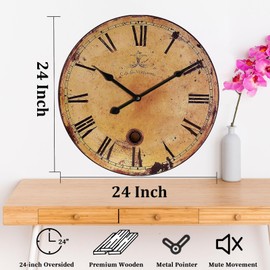 Eruner Rustic Large Wall Clock Silent Battery Operated for Farmhouse Livingroom,24 Inch Vintage Wall Clock Non-Ticking for Kitchen Bedroom Home School