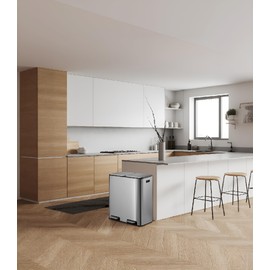 GarveeHome 16 gal/60 L Dual Compartment Trash Can, Stainless Steel Rectangular Garbage Can with Soft-Close Lid, 2x8 gal Recycling Bin with Removable Inner Buckets for Kitchen, Home, Office