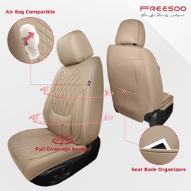 FREESOO Front Car Seat Covers - Luxury Breathable Waterproof Faux Leather Car Seat Cushion Protector with Lumbar Support, Universal Fit for Most 5 Seats Vehicles, Sedans, Hatchbacks, and Trucks, Beige