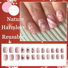 Ceboic 24Pcs Pink Christmas False Nails Short Square Press on Nails with Cute Elk Cane Snowflakes Design Acrylic Full Cover Stick on Nails Natural Xmas Glue on Nails for Women Holiday Nail Decoration