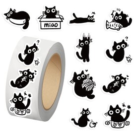 500PCS Black Cat Stickers for Kids 10 Styles Sticker Rolls Cartoon Cute Cat Stickers Cat Party Favors Waterproof Vinyl Stickers(500 Per Roll)