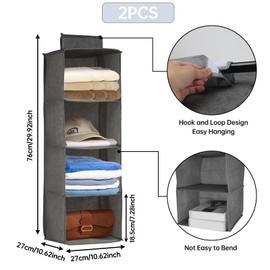 Minnhua 2PCS Hanging Wardrobe Storage Organiser 4 Shelves Hanging Wardrobe Organiser Hanging Storage Shelves Foldable Hanging Closet Organizer Clothes Organizer for Garment Hat Bag Grey