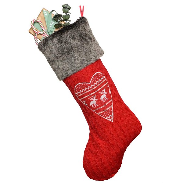 Dibor Red Knitted Nordic Stocking with Heart Stitching and Faux