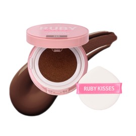 Ruby Kisses Cushion Foundation, Full Coverage Korean Makeup, Lightweight & Long Lasting, All Day Natural Glowy Finish for All Skin Types with Hyaluronic Acid & Bakuchiol (Cognac, 0.52 Ounce)