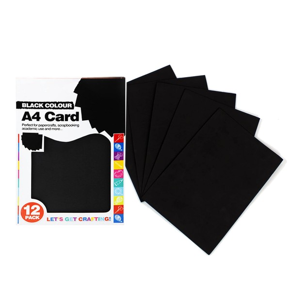 Black Card, Pack of 12 Sheets, Standard A4 Card 210GSM