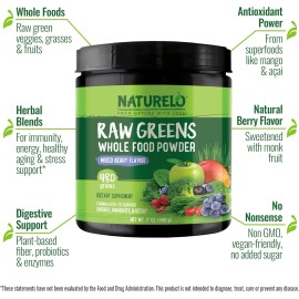 NATURELO Raw Greens Superfood Powder - Mixed Berry - Boost Energy, Detox, Enhanc